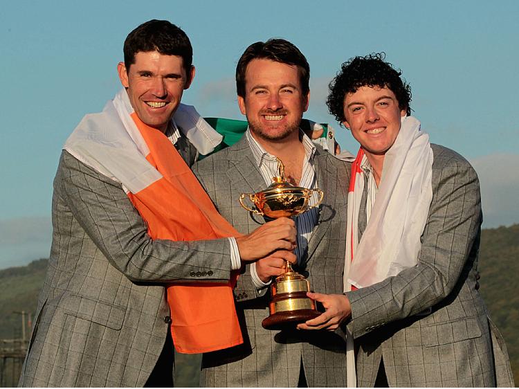 WINNING TEAM: (L-R) European Team members Padraig Harrington, Graeme McDowell and Rory McIlroy pose with the Ryder Cup following Europe's 14.5 to 13.5 victory over the USA at the 2010 Ryder Cup. (David Cannon/Getty Image) WINNING TEAM: (L-R) European Team members Padraig Harrington, Graeme McDowell and Rory McIlroy pose with the Ryder Cup following Europe's 14.5 to 13.5 victory over the USA at the 2010 Ryder Cup. (David Cannon/Getty Image)