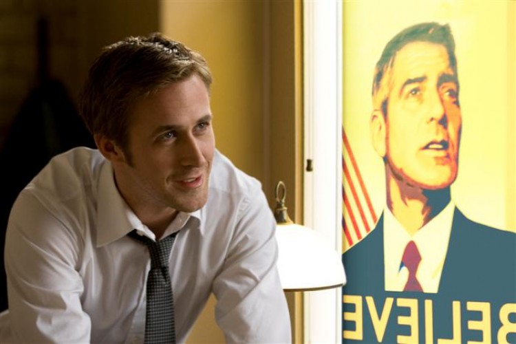 Ryan Gosling, as an up-and-coming campaign press secretary for the presidential candidate played by George Clooney, shown in the poster, during the last days before the Ohio presidential primary in 'The Ides of March.' (Saeed Adyani/Sony Pictures Entertainment Inc.) Ryan Gosling, as an up-and-coming campaign press secretary for the presidential candidate played by George Clooney, shown in the poster, during the last days before the Ohio presidential primary in 'The Ides of March.' (Saeed Adyani/Sony Pictures Entertainment Inc.)