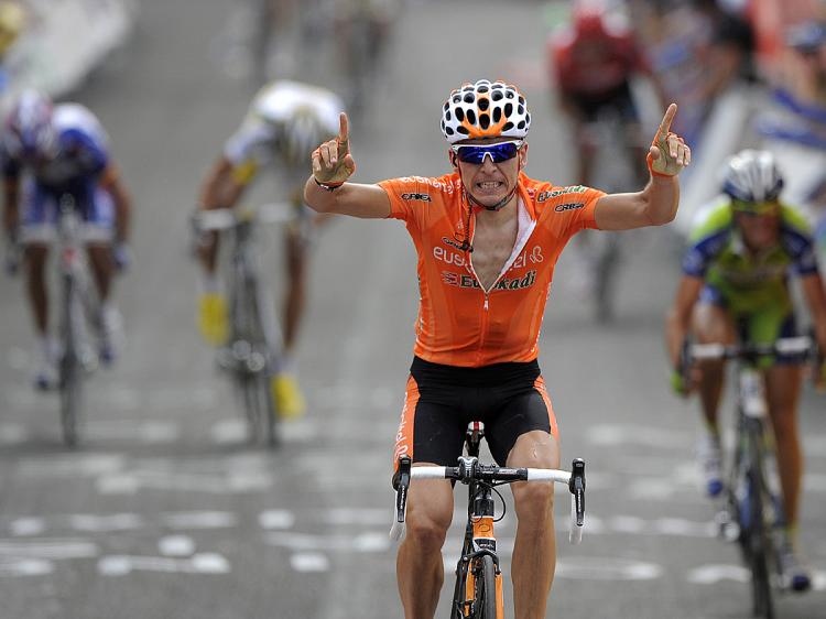 Eskaltel-Euskadi's Igor Anton celebrates winning Stage Four of the Vuelta a Espana. (Jose Jordan/AFP/Getty Images)