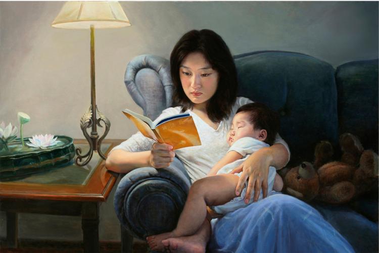 'ILLUMINATION': Chen Xiaoping, oil on canvas, 2005. As a gentle, outer light shines downward, a different, invisible light, that of spiritual illumination, shines into the mind as a woman studies the teachings of Falun Dafa. (Falunart.org) 'ILLUMINATION': Chen Xiaoping, oil on canvas, 2005. As a gentle, outer light shines downward, a different, invisible light, that of spiritual illumination, shines into the mind as a woman studies the teachings of Falun Dafa. (Falunart.org)