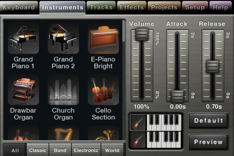 YOUR ORCHESTRA: A screenshot of an instrument selection menu in the Music Studio iPhone app (Tan Truong/The Epoch Times) YOUR ORCHESTRA: A screenshot of an instrument selection menu in the Music Studio iPhone app (Tan Truong/The Epoch Times)