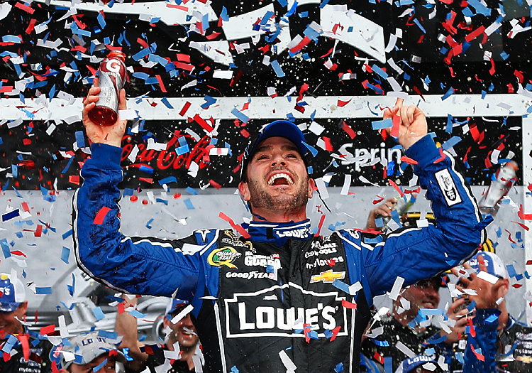 Jimmie Johnson, driver of the #48 Lowe's Chevrolet, celebrates in victory lane after winning the NASCAR Sprint Cup Series Daytona 500 at Daytona International Speedway on February 24, 2013 in Daytona Beach, Florida. (Chris Graythen/Getty Images)