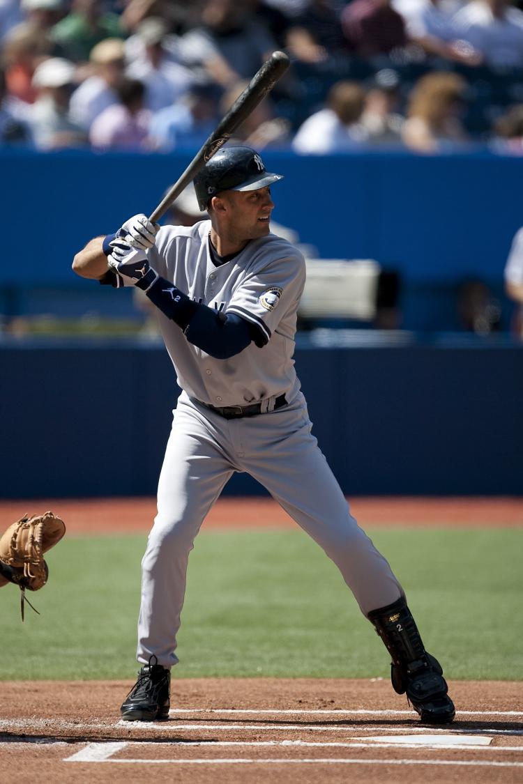 Derek Jeter of the New York Yankees at the plate during the game against the Toronto Blue Jays on September 6, 2009 at the Rogers Centre in Toronto, Canada. A brawl broke out a the Yankees/Blue Jays game on Wednesday as Jorge Posada jostled Jesse Carlson. (Paul Giamou/Getty Images) Derek Jeter of the New York Yankees at the plate during the game against the Toronto Blue Jays on September 6, 2009 at the Rogers Centre in Toronto, Canada. A brawl broke out a the Yankees/Blue Jays game on Wednesday as Jorge Posada jostled Jesse Carlson. (Paul Giamou/Getty Images)