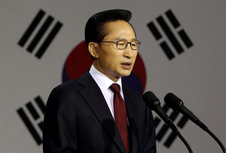 South Korean President Lee Myung-bak speaks during a press conference at the War Memorial on May 24, in Seoul, South Korea. President Lee announced he will impose sanctions on North Korea for sinking one of its naval ships. (Presidential House via Getty Images) South Korean President Lee Myung-bak speaks during a press conference at the War Memorial on May 24, in Seoul, South Korea. President Lee announced he will impose sanctions on North Korea for sinking one of its naval ships. (Presidential House via Getty Images)
