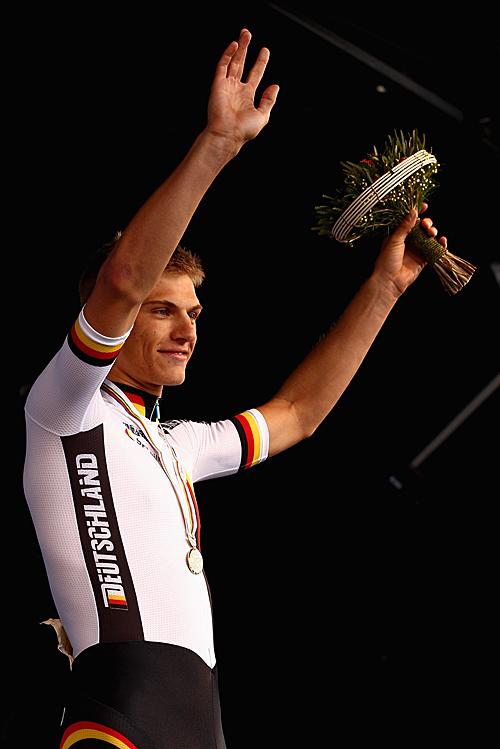 2010 UCI Road World Championships - Day 1 Marcel Kittel celebrates on the podium after the Men's Under 23 Time Trial at the 2010 UCI Road World Championships. Kittel won Stage Two of the Dreidsaaage de Panne March 28, 2012. (Quinn Rooney/Getty Images)