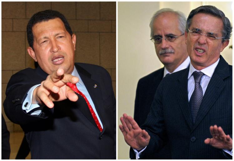 Photo composition showing Venezuelan President Hugo Chavez(L) in Damascus on Sept. 3, 2009, and Colombian President Alvaro Uribe at Casa Rosada presidential palace in Buenos Aires on Aug. 5, 2009. (Beshara Mabromata/AFP/Getty Images) Photo composition showing Venezuelan President Hugo Chavez(L) in Damascus on Sept. 3, 2009, and Colombian President Alvaro Uribe at Casa Rosada presidential palace in Buenos Aires on Aug. 5, 2009. (Beshara Mabromata/AFP/Getty Images)