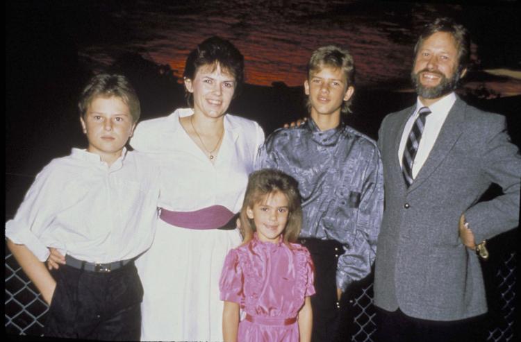 Home portrait of Lindy Chamberlain with husband Michael, eldest son Aidan Leigh, second son Reagan Michael and daughter Kahlia Shonell Nikari Chamberlain who was born in 1982 while Lindy was in the custody of Darwin Prison. (Patrick Riviere/Getty Images)