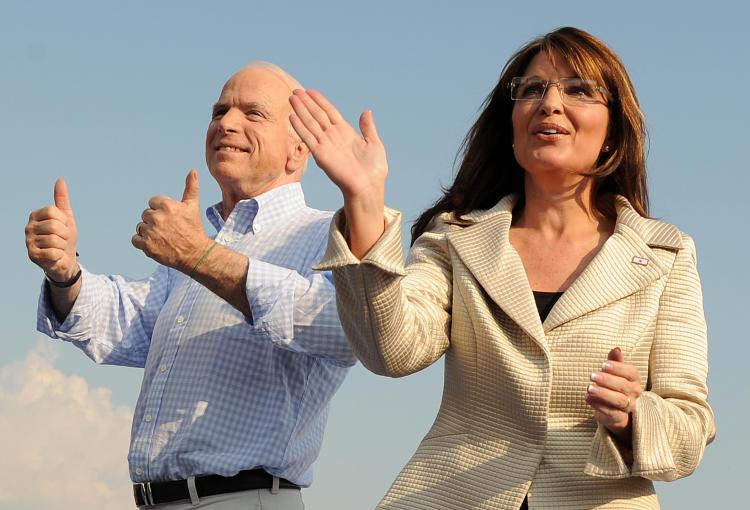 MCCAIN AND PALIN: Republican presidential candidate John McCain (L) and his running mate Alaska Governor Sarah Palin (R) attend a campaign rally in O'Fallon, Missouri on Aug. 31. (Robyn Beck/AFP/Getty Images) MCCAIN AND PALIN: Republican presidential candidate John McCain (L) and his running mate Alaska Governor Sarah Palin (R) attend a campaign rally in O'Fallon, Missouri on Aug. 31. (Robyn Beck/AFP/Getty Images)