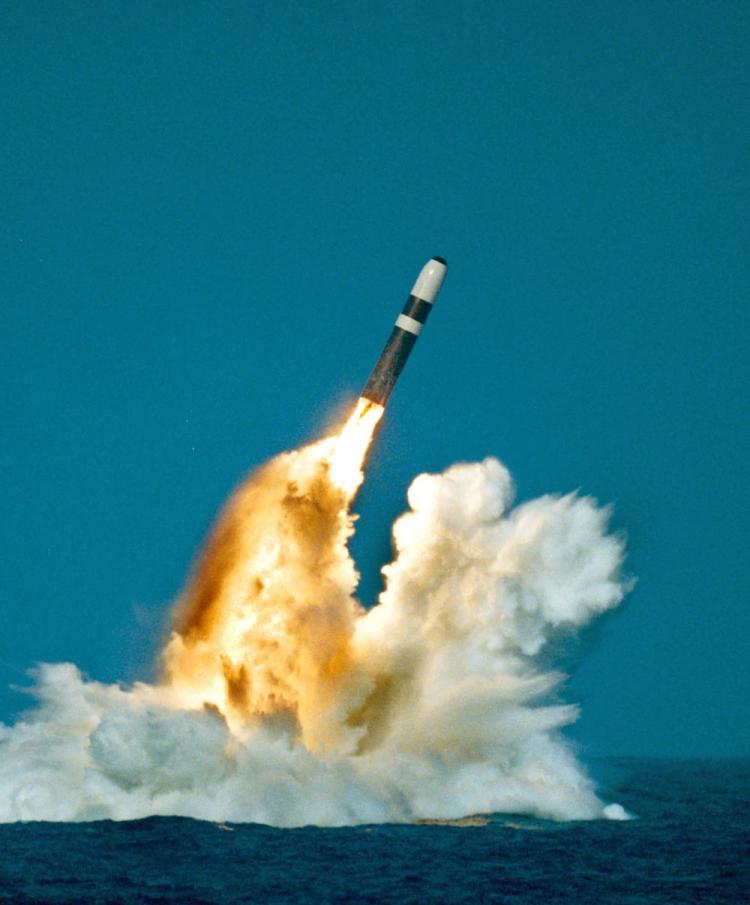 A U.S. Trident Ii, or D-5 missile, which when deployed carriess a W-88 nuclear warhead, is test fired in this file photo. The United States and Russia collectively have 90 percent of the world's nuclear weapons. (AFP/Getty Images)