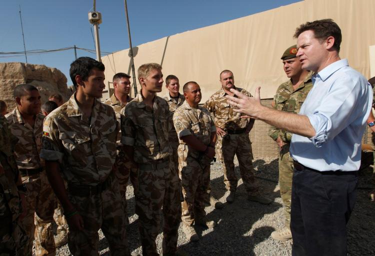 British Deputy Prime Minister Nick Clegg (R), speaks to soldiers during his visit to Shawquat Forward Operating Base in Afghanistan on August 31, 2010. (Andrew Winning/AFP/Getty Images) British Deputy Prime Minister Nick Clegg (R), speaks to soldiers during his visit to Shawquat Forward Operating Base in Afghanistan on August 31, 2010. (Andrew Winning/AFP/Getty Images)