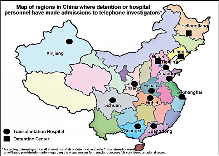 Map of China showing regions where staff admitted during phone calls that organ harvesting from Falun Gong practitioners was taking place. (Bloody Harvest report, Kilgour-Matas) Epoch Times Photo
