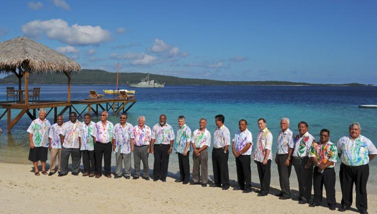 Leaders from 15 Pacific states pose for the official photo during the 41st Pacific Islands Forum leaders' retreat in Port Havannah on Efate on August 5, 2010. (TORSTEN BLACKWOOD/AFP/Getty Images)