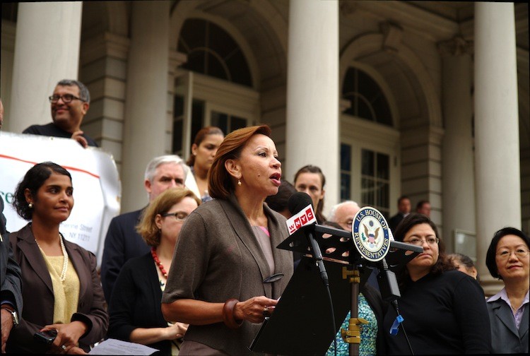Congresswoman Nydia Vel�¡zquez speaks to the press outside the City Hall on Wednesday. (Ivan Pentchoukov/The Epoch Times) Congresswoman Nydia Vel�¡zquez speaks to the press outside the City Hall on Wednesday. (Ivan Pentchoukov/The Epoch Times)