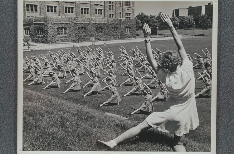  Women volunteers, formally known as Women Accepted for Volunteer Emergency Service, stayed fit through the same fitness regimens the Navy went through, although they did not go into combat. Here women are seen at the training center at Hunter College (now Lehman College) in the Bronx. (Courtesy of the New York Historical Society)