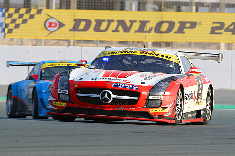 The #3 Mercedes Abu Dhabi by Black Falcon Mercedes SLS AMG GT3 seems to be on track to win the 2012 Dubai 24 Hours. (24hdubai.com)