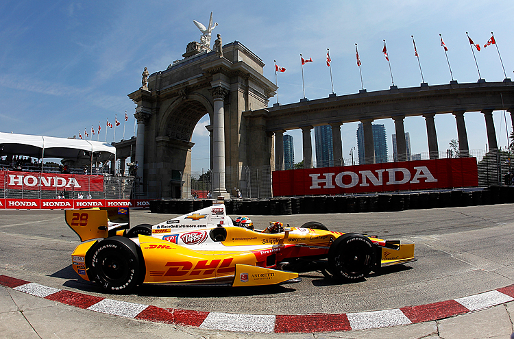 Honda Indy Toronto - Practice Ryan Hunter-Reay drives his #28 Sun Drop/DHL Andretti Autosport Chevrolet Dallara through the streets of Toronto. Hunter-Reay won the Honda Indy Toronto, his third IndyCar race in a row. (Jonathan Ferrey/Getty Images)