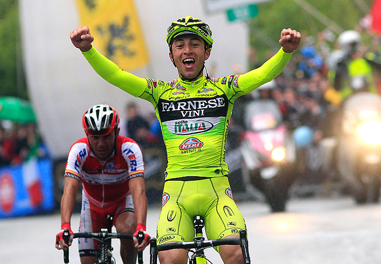 Italy's Matteo Rabottini celebrates afte Farnese-Vini's Matteo Rabottini celebrates after crossing the finish line of Stage 15th of the Giro d'Italia. (Luk Benies/AFP/GettyImages)