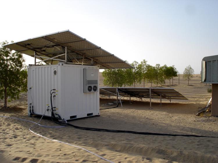 SOLAR FILTER: Integrated photovoltaic solar panels charge the Solar Container 24-volt batteries to provide clean, disease-free water in disaster relief efforts. (Trunz Water Systems AG)