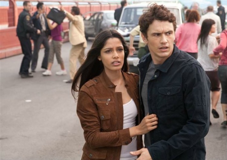 James Franco and Freida Pinto on the Golden Gate Bridge, react to an unfolding battle that will change the world in the science-fiction action drama film 'Rise of the Planet of the Apes.' (Joe Lederer and Twentieth Century Fox Film Corporation) James Franco and Freida Pinto on the Golden Gate Bridge, react to an unfolding battle that will change the world in the science-fiction action drama film 'Rise of the Planet of the Apes.' (Joe Lederer and Twentieth Century Fox Film Corporation)