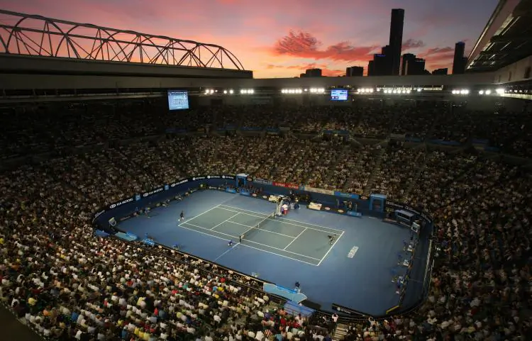Centre Court ¦The sun sets over Melbourne as French tennis player Jo-Wilfried Tsonga and Serbian opponent Novak Djokovic play their Men's Singles Final at the 2008 Australian Open tennis tournament at the Rod Laver Arena. (Clive Brunskill/Getty Images)
