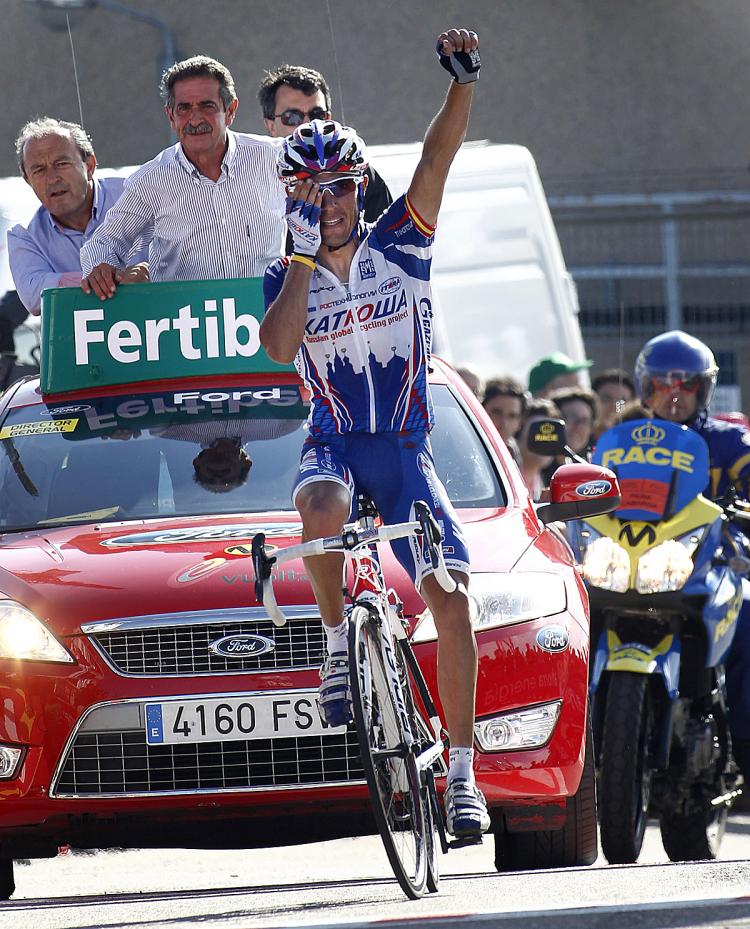 Joaquin Rodriguez of the Katusha team celebrates as he crosses the finish line Stage 14 of the 2010 Vuelta a España. (Jaime Reina/AFP/Getty Images) Joaquin Rodriguez of the Katusha team celebrates as he crosses the finish line Stage 14 of the 2010 Vuelta a España. (Jaime Reina/AFP/Getty Images)