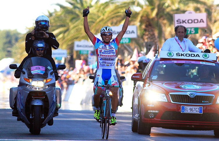 Colombian Miguel Angel Rubiano Chavez ce Miguel Rubiano celebrates crossing the finish line of the Stage Six of the Giro d'Italia. (Luk Beines/AFP/GettyImages)