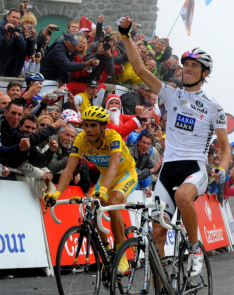 Andy Schleck (R) celebrates on the finish line as he wins Stage 17 of the 2010 Tour de France ahead of Alberto Contador. (Pascal Pavani/AFP/Getty Images) Andy Schleck (R) celebrates on the finish line as he wins Stage 17 of the 2010 Tour de France ahead of Alberto Contador. (Pascal Pavani/AFP/Getty Images)