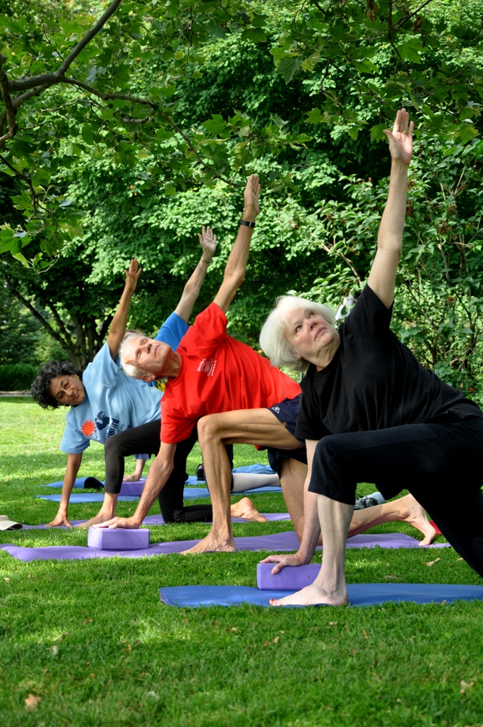 Seniors practice yoga in Carl Schurz Park in Manhattan. Seniors practice yoga in Carl Schurz Park in Manhattan.
