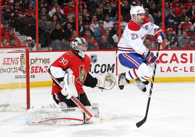 Montreal Canadiens v Ottawa Senators Ottawa goalie Ben Bishop starred in his role as backup to the injured Craig Anderson as Montreal captain Brian Gionta attempts to screen him. (Jana Chytilova/Freestyle Photography/Getty Images)