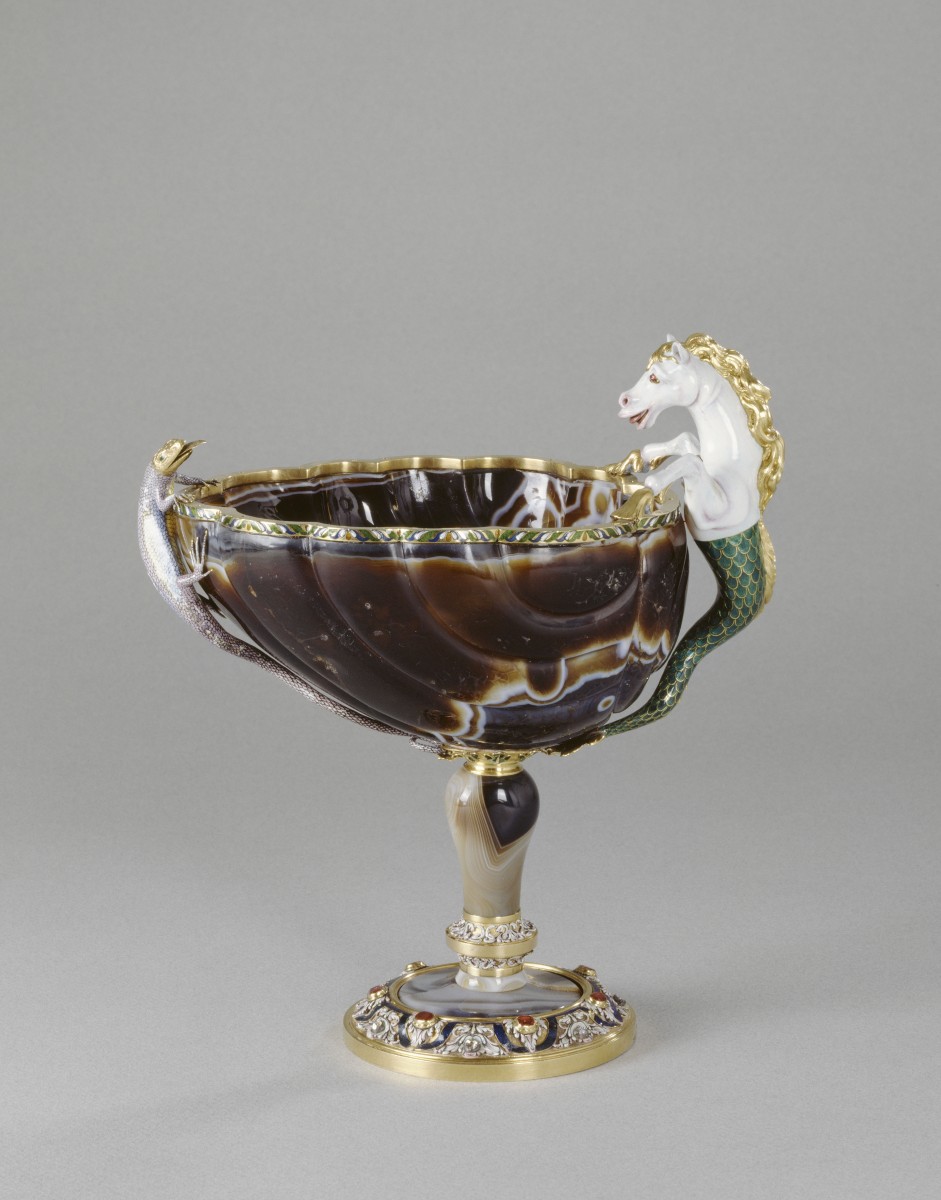 This shell-shaped cup with two figures in the form of a fish-tailed horse and snake-headed lizard is currently on view at the Legion of Honor. Cup (Byzantium): sardonyx, mounts (Paris, France): enameled gold, gilt copper, diamonds, sapphires, and rubies, with later additions, 10th–11th century, 7.7 inches by 7.1 inches in diameter. (RMN-Grand Palais / Art Resource, NY / Daniel Arnaudet)