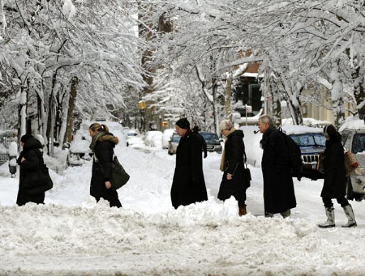 LET IT SNOW: New Yorkers trudge through the snow and temper their resolve on their way to work late last month.  (Timothy A. Clary/Getty Images)