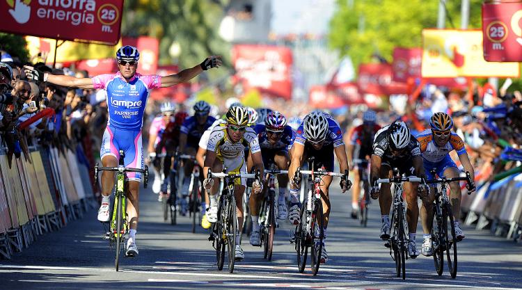 'ALE-JET' FLIES: Alessandro Petcchi beats (L-R) Mark Cavendish, Ansdreas Stauff, J.J. Haeedo, and Tyler Farrar to win Stage Seven of the 2010 Vuelta a Espana. (Jose Jordan/AFP/Getty Images) 'ALE-JET' FLIES: Alessandro Petcchi beats (L-R) Mark Cavendish, Ansdreas Stauff, J.J. Haeedo, and Tyler Farrar to win Stage Seven of the 2010 Vuelta a Espana. (Jose Jordan/AFP/Getty Images)