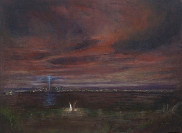 MEMORIALS: Sarah Yuster's painting 'Staten Island, September' shows the 'Tribute in Light' memorial beaming up from the World Trade Center site, and the 'Postcards' memorial for Staten Islanders who perished in the Sept. 11, 2001, attacks illuminated in the foreground. (Courtesy of Sarah Yuster) MEMORIALS: Sarah Yuster's painting 'Staten Island, September' shows the 'Tribute in Light' memorial beaming up from the World Trade Center site, and the 'Postcards' memorial for Staten Islanders who perished in the Sept. 11, 2001, attacks illuminated in the foreground. (Courtesy of Sarah Yuster)