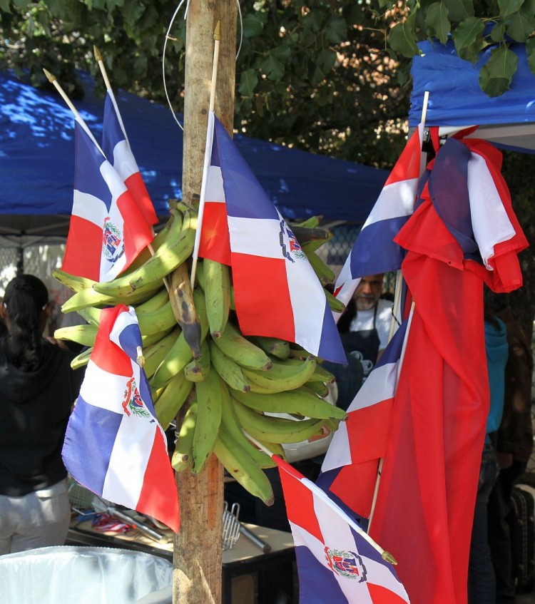 Plantains are shown amid Dominican Republic flags at Primer Festival del Platano, an event that honored the plantain, a dietary staple for many Caribbean and African cultures. (Zack Stieber/The Epoch Times) Plantains are shown amid Dominican Republic flags at Primer Festival del Platano, an event that honored the plantain, a dietary staple for many Caribbean and African cultures. (Zack Stieber/The Epoch Times)