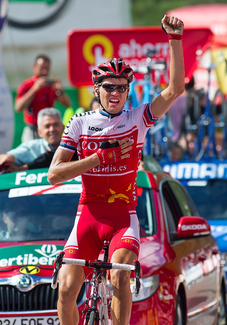 Rein Taaremae of Cofidis celebrates as he crosses the finish line of Stage 14 of the Vuelta a España. (Jaime Reina/AFP/Getty Images) Rein Taaremae of Cofidis celebrates as he crosses the finish line of Stage 14 of the Vuelta a España. (Jaime Reina/AFP/Getty Images)