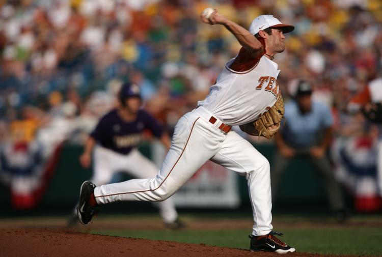 CWS BATTLE: Chance Ruffin of the Texas Longhorns pitches with a runner on first base against the Louisiana State University Tigers during Game One of the 2009 NCAA College World Series at Rosenblatt Stadium on June 22, 2009 in Omaha, Nebraska. (Elsa/Getty Images) CWS BATTLE: Chance Ruffin of the Texas Longhorns pitches with a runner on first base against the Louisiana State University Tigers during Game One of the 2009 NCAA College World Series at Rosenblatt Stadium on June 22, 2009 in Omaha, Nebraska. (Elsa/Getty Images)