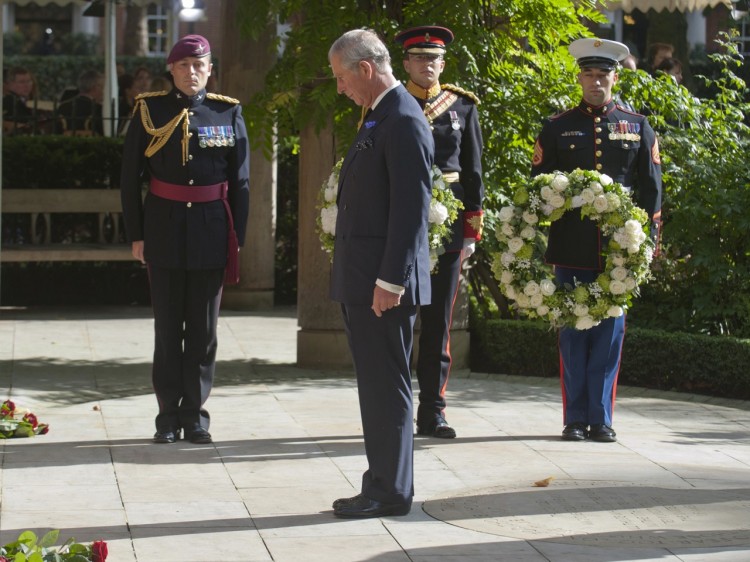 Prince Charles lays a wreath at a memorial ceremony at the Sept. 11 memorial garden in Grovesnor Square in London, England. (David Parker/Getty Images) Prince Charles lays a wreath at a memorial ceremony at the Sept. 11 memorial garden in Grovesnor Square in London, England. (David Parker/Getty Images)