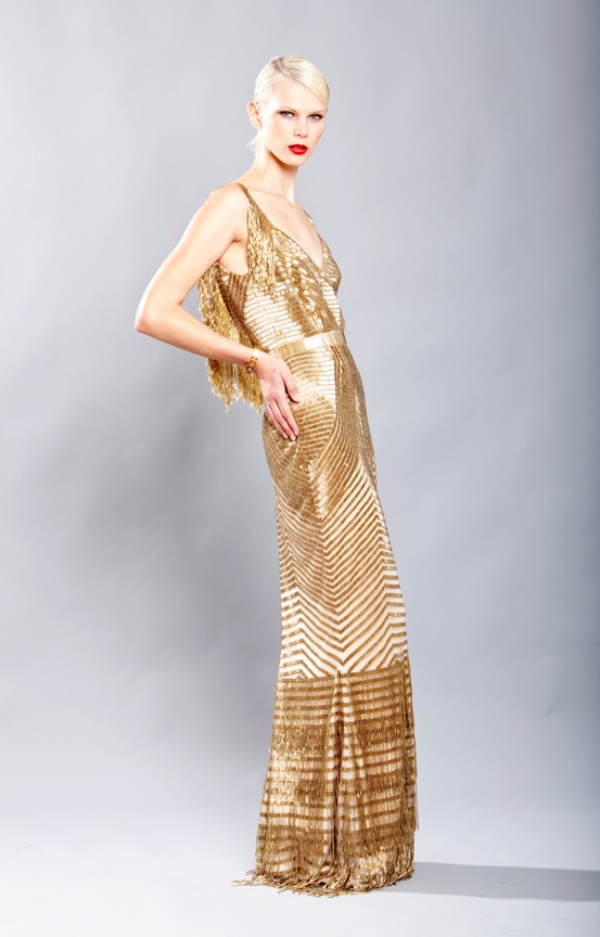 Alexandra Vidal Spring/Summer 2013 Collection: Deco Gold tulle/ georgette bugle beaded and fringe hand-embroidered gown. (Elizabeth Lippman)