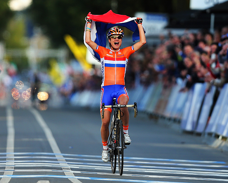 Rabobank rider Marianne Vos celebrates winning the Elite Women's Road Race on day seven of the UCI Road World Championships, September 22, 2012 in Valkenburg, Netherlands. (Bryn Lennon/Getty Images)