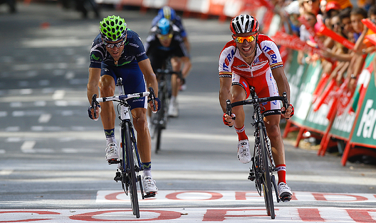 CYCLING-ESP-TOUR-VUELTA Movistar's Alejandro Valverde (L) wins Stage Three of the Vuelta a España, beating Katusha's Joaquin Rodriguez by millimeters. Rodriguez appears to think he won the stage. (Jose Jordan/AFP/GettyImages)