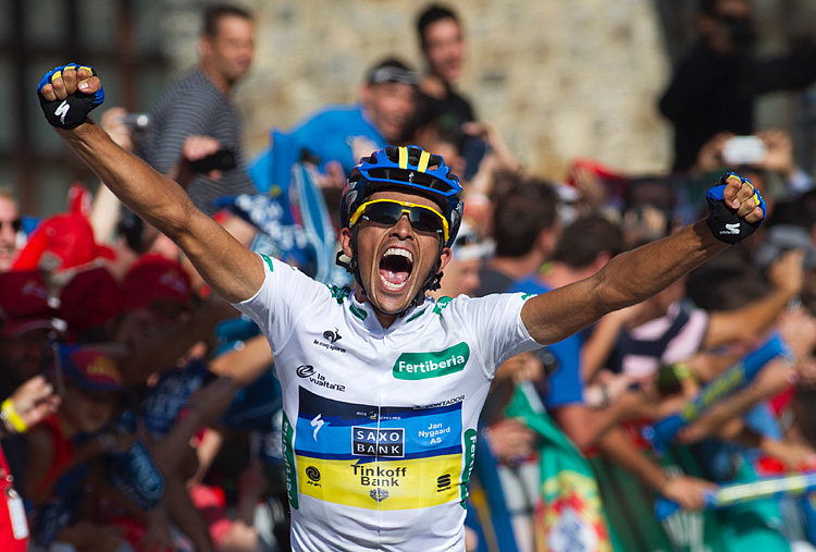 CYCLING-ESP-VUELTA Alberto Contador of Saxo-Tinkoff is obviously ecstatic as he crosses the finish line to win Stage 17 of the Vuelta a España. (Jaime Reina/AFP/GettyImages)