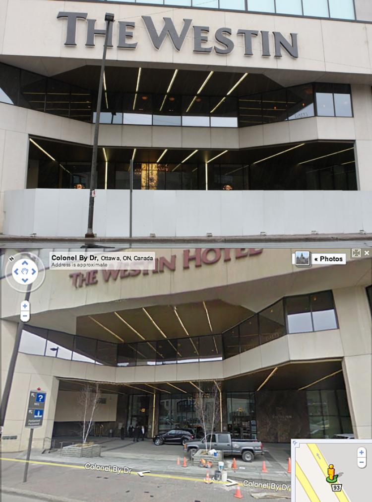 The Westin Hotel in Ottawa prior to the arrival of Chinese leader Hu Jintao. (above) The same hotel shown in Google street view without the wall placed in front. (below) The hotel manager says the wall was erected for the 'safety and quiet enjoyment' of Hu and his delegation. (Top -Lin Yue/The Epoch Times & Street View/Goolge maps) The Westin Hotel in Ottawa prior to the arrival of Chinese leader Hu Jintao. (above) The same hotel shown in Google street view without the wall placed in front. (below) The hotel manager says the wall was erected for the 'safety and quiet enjoyment' of Hu and his delegation. (Top -Lin Yue/The Epoch Times & Street View/Goolge maps)