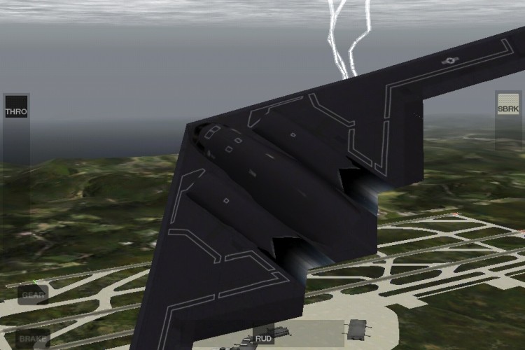 ALMOST REAL-LIFE FLYING: Here X-Plane shows a view of a B-2 bomber as it flies over an airport as a bolt of lightning strikes from a nearby thunderstorm. (Tan Truong/The Epoch Times )