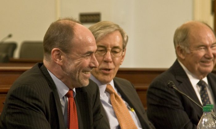 BUDGET GUYS: (left to right) Former CBO budget directors Douglas Holtz-Eakin, Robert Reischauer, and Rudolph Penner, responding to a budget discussion on "Tackling the Federal Deficit and Debt," in Washington, on June 7, 2015. (Andrea Hayley/Epoch Times Staff)