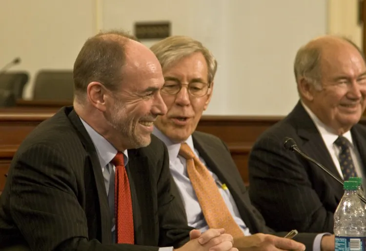 BUDGET GUYS: (left to right) Former CBO budget directors Douglas Holtz-Eakin, Robert Reischauer, and Rudolph Penner, responding to a budget discussion on "Tackling the Federal Deficit and Debt," in Washington, on June 7, 2015. (Andrea Hayley/Epoch Times Staff)