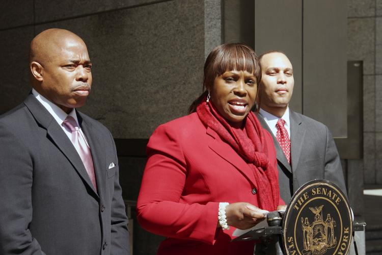 MAKING A LIST: State Sen. Eric Adams (L), Assemblywoman Vanessa Gibson (C), and Assemblyman Hakeem Jeffries propose new legislation Sunday that will require convicted domestic violence offenders to register their crimes in a database. (Ivan Pentchoukov/The Epoch Times) MAKING A LIST: State Sen. Eric Adams (L), Assemblywoman Vanessa Gibson (C), and Assemblyman Hakeem Jeffries propose new legislation Sunday that will require convicted domestic violence offenders to register their crimes in a database. (Ivan Pentchoukov/The Epoch Times)