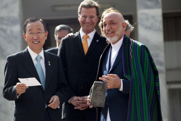 UN Secretary General Ban Ki-moon, German Foreign Minister, Guido Westerwelle and Afghan President Hamid Karzai at the conclusion of the International Conference on Afghanistan at the Foreign Affairs Ministry in Kabul on July 20,in Kabul, Afghanistan. (Majid Saeedi/Getty Images) UN Secretary General Ban Ki-moon, German Foreign Minister, Guido Westerwelle and Afghan President Hamid Karzai at the conclusion of the International Conference on Afghanistan at the Foreign Affairs Ministry in Kabul on July 20,in Kabul, Afghanistan. (Majid Saeedi/Getty Images)
