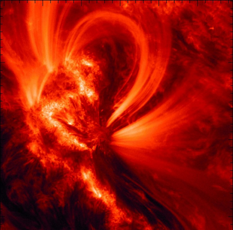 Image of hot (one million degree) active region loops. (SDO/AIA (NASA)) Image of hot (one million degree) active region loops. (SDO/AIA (NASA))