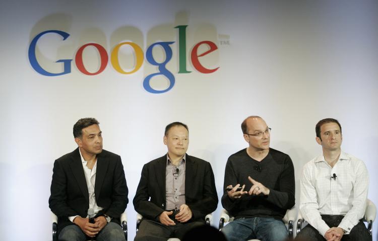 GOOGLE SUPPORTERS: Research shows BlackBerry and iPhone are losing market share to Google's Android. (L-R) Dr. Sanjay Jha, CEO of Motorola, Peter Chou, CEO of HTC, Andy Rubin, vice president of engineering for Google, and Mario Quieroz, vice president of product management for Google are seen at a conference in CA. (ROBERT GALBRAITH/AFP/Getty Images) GOOGLE SUPPORTERS: Research shows BlackBerry and iPhone are losing market share to Google's Android. (L-R) Dr. Sanjay Jha, CEO of Motorola, Peter Chou, CEO of HTC, Andy Rubin, vice president of engineering for Google, and Mario Quieroz, vice president of product management for Google are seen at a conference in CA. (ROBERT GALBRAITH/AFP/Getty Images)