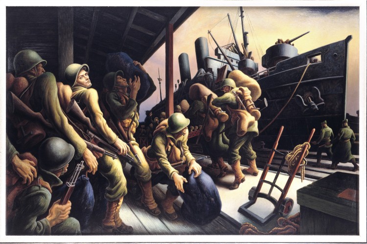 In this oil painting, Thomas Hart Benton shows New York's major role as an embarking point for troops and supplies. The canvas is based on sketched Benton made in Brooklyn in 1942, when the first American troops were leaving for Africa. (Courtesy of the New York Historical Society)